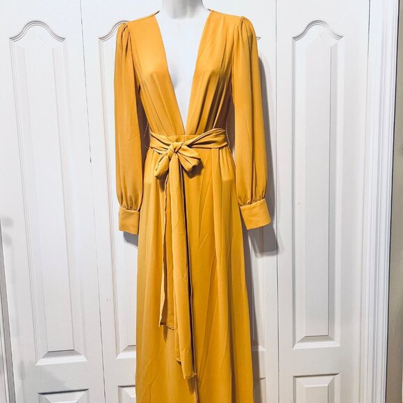 Forever 21 Dresses & Skirts - Forever 21-Women's Mustard Yellow Maxi Belted Low Cut Small Dress-Zip side-Sheer